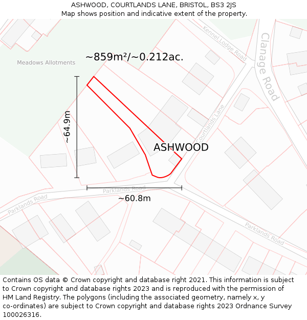 ASHWOOD, COURTLANDS LANE, BRISTOL, BS3 2JS: Plot and title map