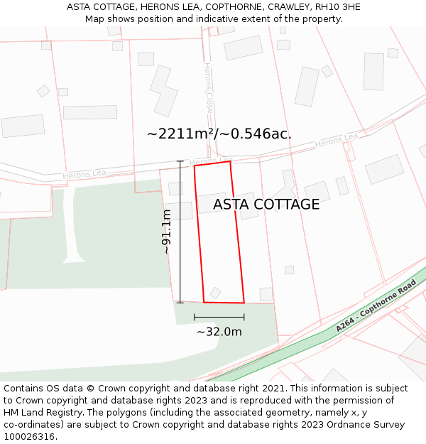 ASTA COTTAGE, HERONS LEA, COPTHORNE, CRAWLEY, RH10 3HE: Plot and title map