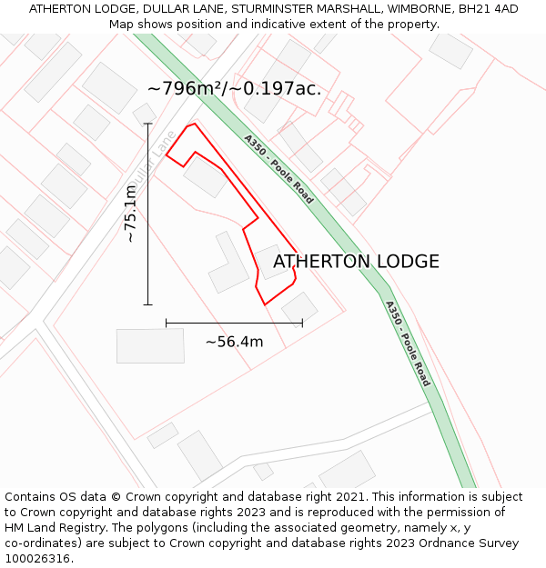 ATHERTON LODGE, DULLAR LANE, STURMINSTER MARSHALL, WIMBORNE, BH21 4AD: Plot and title map