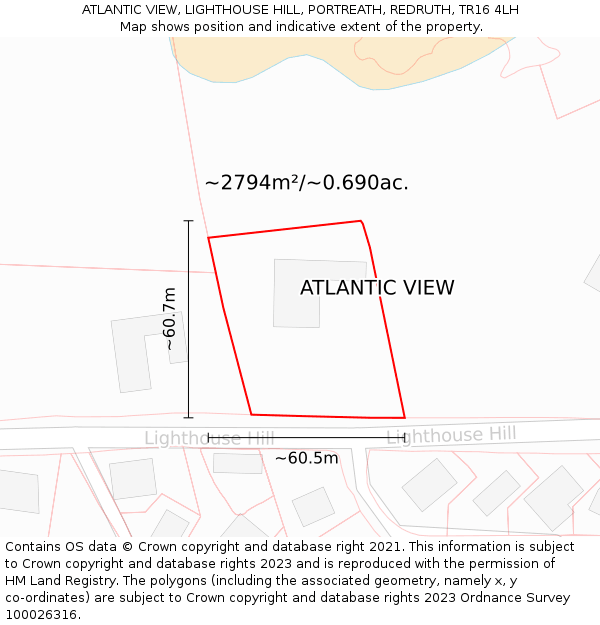 ATLANTIC VIEW, LIGHTHOUSE HILL, PORTREATH, REDRUTH, TR16 4LH: Plot and title map