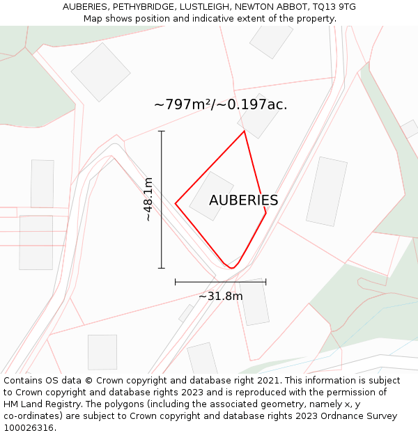 AUBERIES, PETHYBRIDGE, LUSTLEIGH, NEWTON ABBOT, TQ13 9TG: Plot and title map