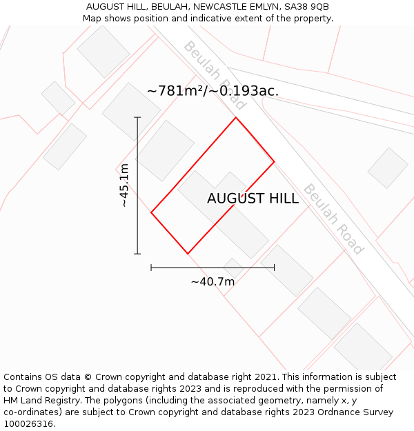 AUGUST HILL, BEULAH, NEWCASTLE EMLYN, SA38 9QB: Plot and title map