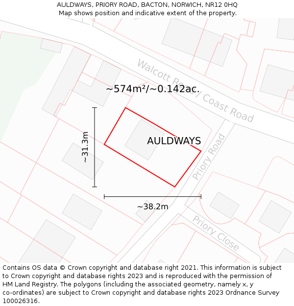 AULDWAYS, PRIORY ROAD, BACTON, NORWICH, NR12 0HQ: Plot and title map