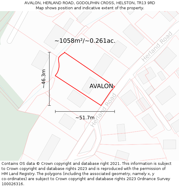 AVALON, HERLAND ROAD, GODOLPHIN CROSS, HELSTON, TR13 9RD: Plot and title map