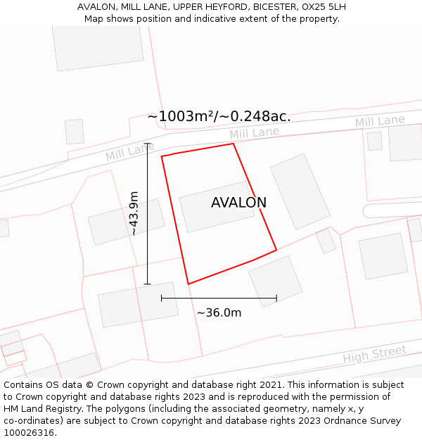 AVALON, MILL LANE, UPPER HEYFORD, BICESTER, OX25 5LH: Plot and title map