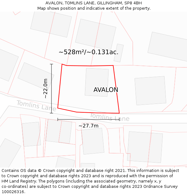 AVALON, TOMLINS LANE, GILLINGHAM, SP8 4BH: Plot and title map