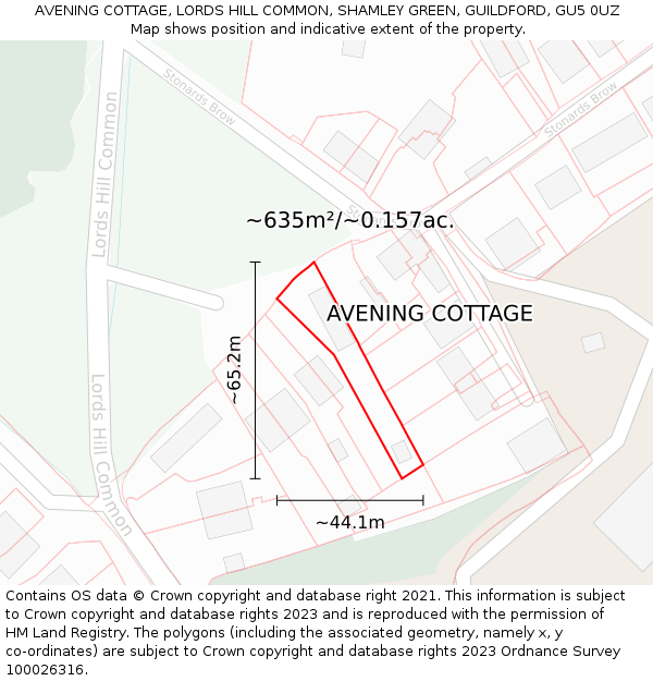 AVENING COTTAGE, LORDS HILL COMMON, SHAMLEY GREEN, GUILDFORD, GU5 0UZ: Plot and title map