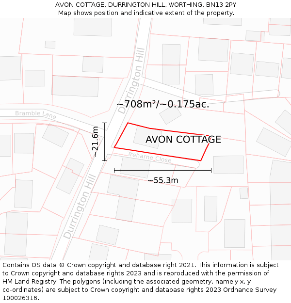 AVON COTTAGE, DURRINGTON HILL, WORTHING, BN13 2PY: Plot and title map