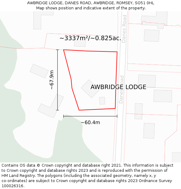 AWBRIDGE LODGE, DANES ROAD, AWBRIDGE, ROMSEY, SO51 0HL: Plot and title map