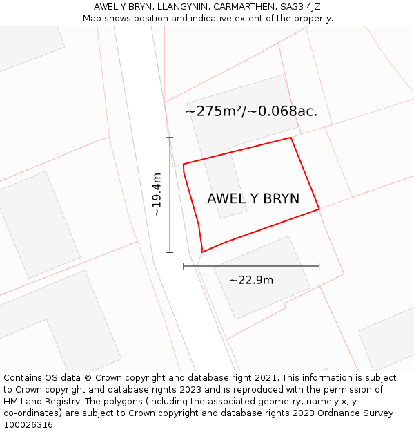 AWEL Y BRYN, LLANGYNIN, CARMARTHEN, SA33 4JZ: Plot and title map
