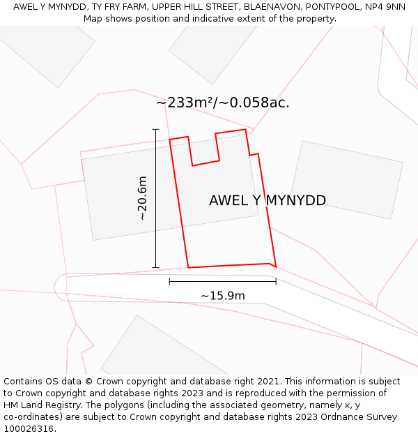 AWEL Y MYNYDD, TY FRY FARM, UPPER HILL STREET, BLAENAVON, PONTYPOOL, NP4 9NN: Plot and title map