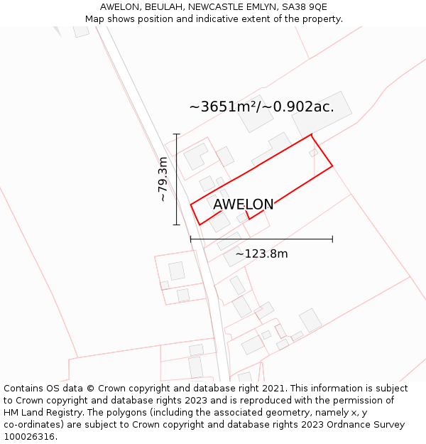 AWELON, BEULAH, NEWCASTLE EMLYN, SA38 9QE: Plot and title map