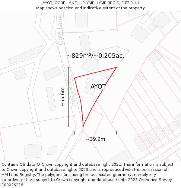 AYOT, GORE LANE, UPLYME, LYME REGIS, DT7 3UU: Plot and title map