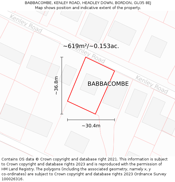 BABBACOMBE, KENLEY ROAD, HEADLEY DOWN, BORDON, GU35 8EJ: Plot and title map