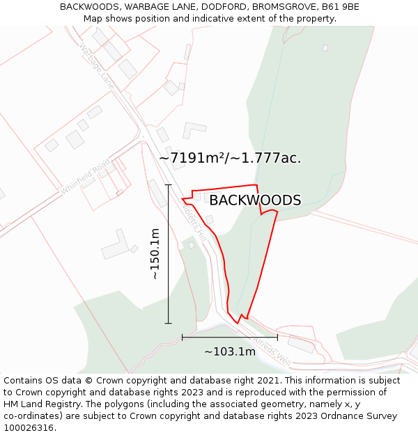 BACKWOODS, WARBAGE LANE, DODFORD, BROMSGROVE, B61 9BE: Plot and title map