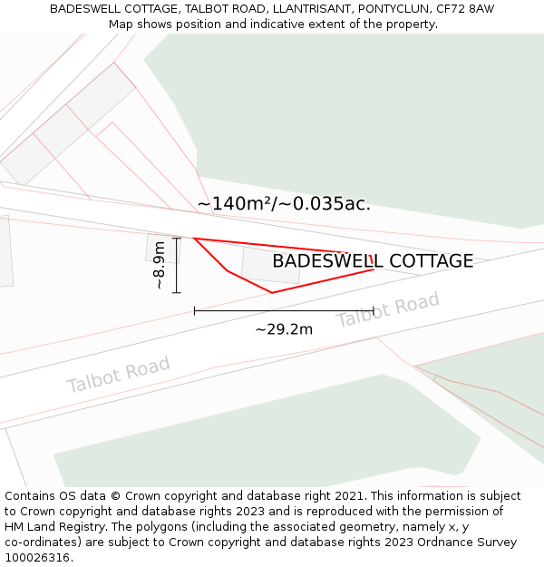 BADESWELL COTTAGE, TALBOT ROAD, LLANTRISANT, PONTYCLUN, CF72 8AW: Plot and title map