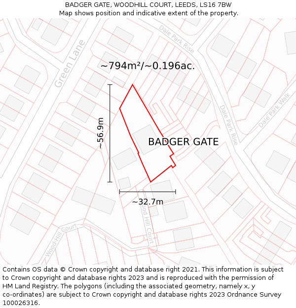 BADGER GATE, WOODHILL COURT, LEEDS, LS16 7BW: Plot and title map