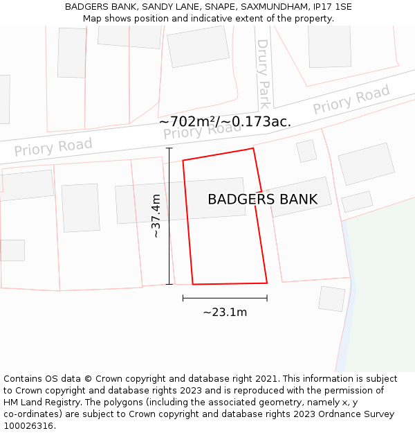 BADGERS BANK, SANDY LANE, SNAPE, SAXMUNDHAM, IP17 1SE: Plot and title map