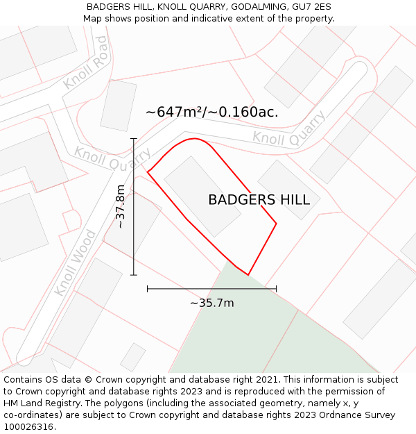 BADGERS HILL, KNOLL QUARRY, GODALMING, GU7 2ES: Plot and title map