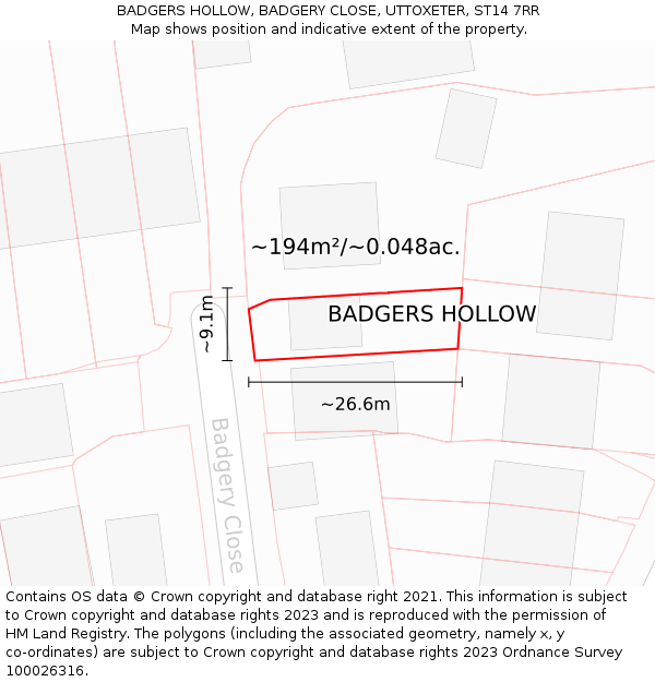 BADGERS HOLLOW, BADGERY CLOSE, UTTOXETER, ST14 7RR: Plot and title map