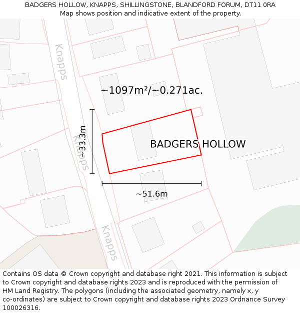 BADGERS HOLLOW, KNAPPS, SHILLINGSTONE, BLANDFORD FORUM, DT11 0RA: Plot and title map