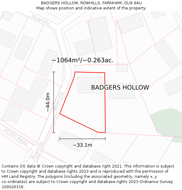 BADGERS HOLLOW, ROWHILLS, FARNHAM, GU9 9AU: Plot and title map