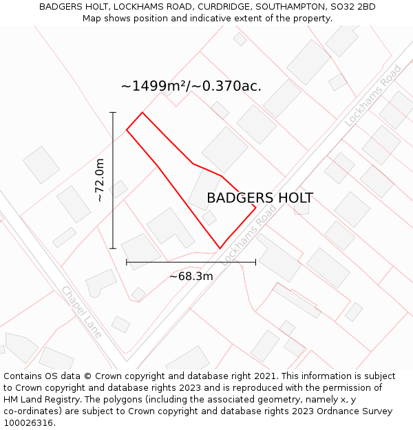BADGERS HOLT, LOCKHAMS ROAD, CURDRIDGE, SOUTHAMPTON, SO32 2BD: Plot and title map
