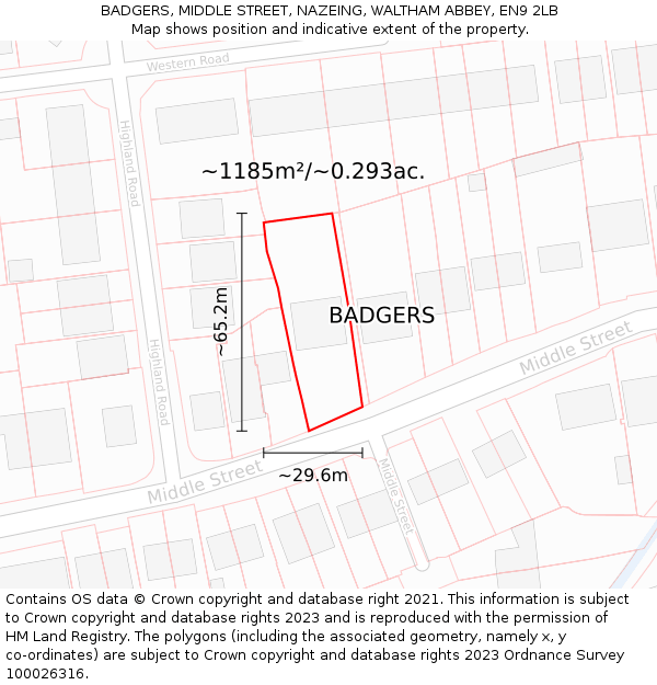 BADGERS, MIDDLE STREET, NAZEING, WALTHAM ABBEY, EN9 2LB: Plot and title map