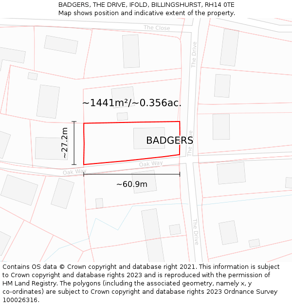 BADGERS, THE DRIVE, IFOLD, BILLINGSHURST, RH14 0TE: Plot and title map