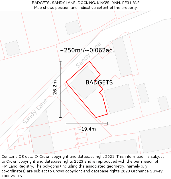 BADGETS, SANDY LANE, DOCKING, KING'S LYNN, PE31 8NF: Plot and title map