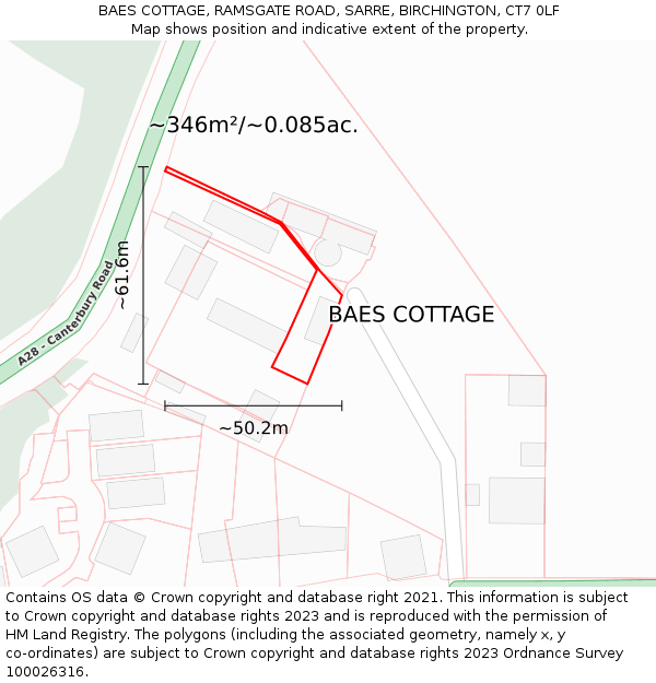 BAES COTTAGE, RAMSGATE ROAD, SARRE, BIRCHINGTON, CT7 0LF: Plot and title map