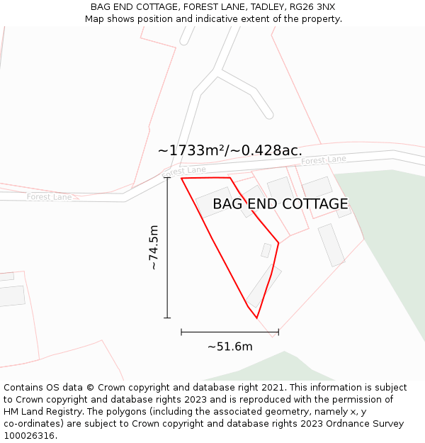 BAG END COTTAGE, FOREST LANE, TADLEY, RG26 3NX: Plot and title map