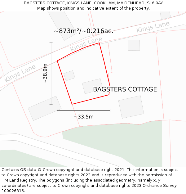 BAGSTERS COTTAGE, KINGS LANE, COOKHAM, MAIDENHEAD, SL6 9AY: Plot and title map