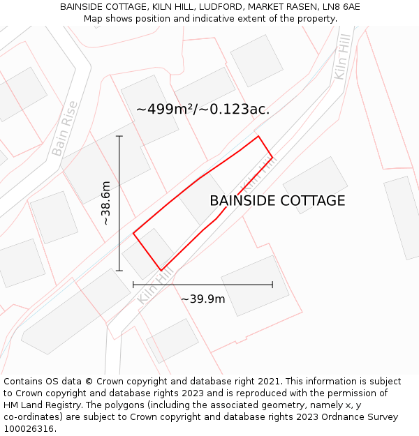 BAINSIDE COTTAGE, KILN HILL, LUDFORD, MARKET RASEN, LN8 6AE: Plot and title map