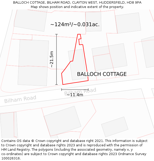 BALLOCH COTTAGE, BILHAM ROAD, CLAYTON WEST, HUDDERSFIELD, HD8 9PA: Plot and title map