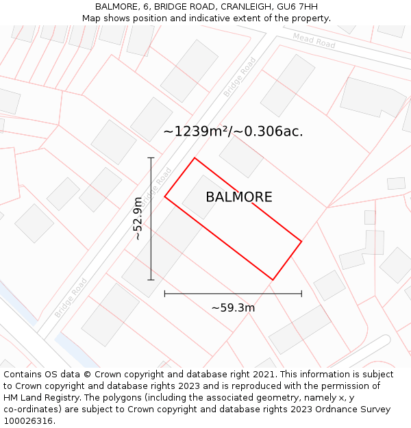 BALMORE, 6, BRIDGE ROAD, CRANLEIGH, GU6 7HH: Plot and title map