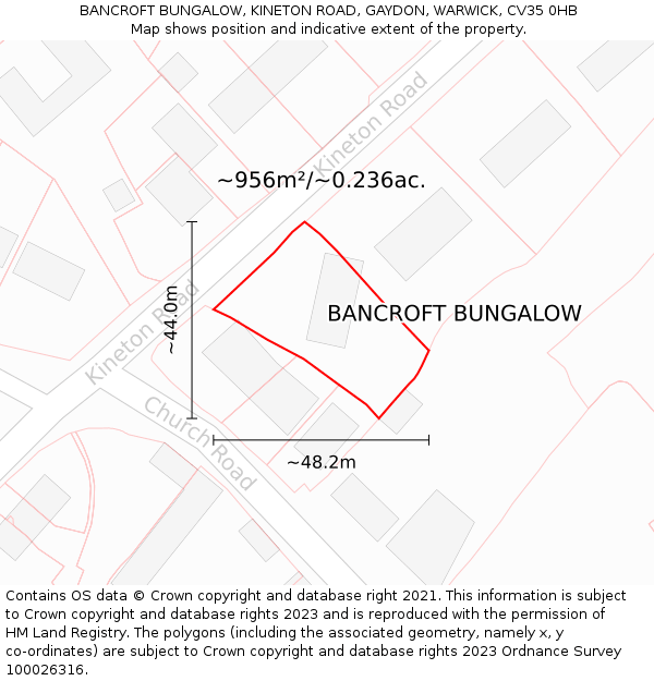 BANCROFT BUNGALOW, KINETON ROAD, GAYDON, WARWICK, CV35 0HB: Plot and title map