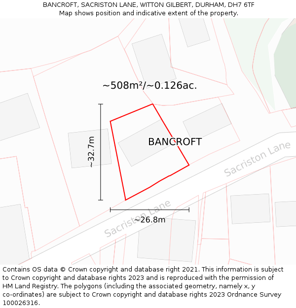 BANCROFT, SACRISTON LANE, WITTON GILBERT, DURHAM, DH7 6TF: Plot and title map