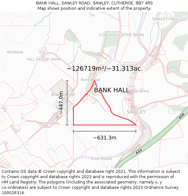 BANK HALL, SAWLEY ROAD, SAWLEY, CLITHEROE, BB7 4RS: Plot and title map