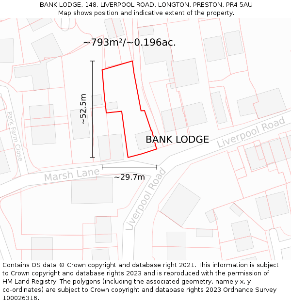 BANK LODGE, 148, LIVERPOOL ROAD, LONGTON, PRESTON, PR4 5AU: Plot and title map