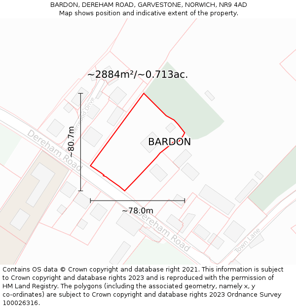 BARDON, DEREHAM ROAD, GARVESTONE, NORWICH, NR9 4AD: Plot and title map