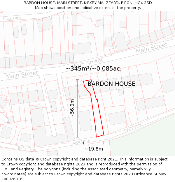 BARDON HOUSE, MAIN STREET, KIRKBY MALZEARD, RIPON, HG4 3SD: Plot and title map