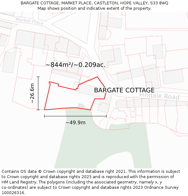 BARGATE COTTAGE, MARKET PLACE, CASTLETON, HOPE VALLEY, S33 8WQ: Plot and title map
