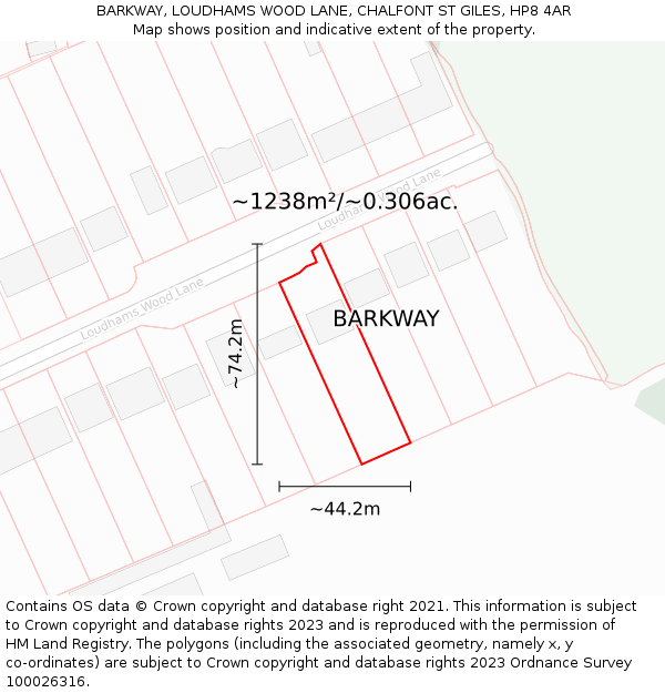 BARKWAY, LOUDHAMS WOOD LANE, CHALFONT ST GILES, HP8 4AR: Plot and title map