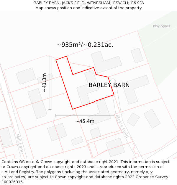BARLEY BARN, JACKS FIELD, WITNESHAM, IPSWICH, IP6 9FA: Plot and title map