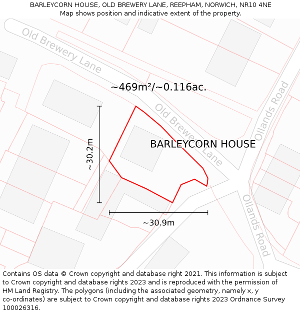 BARLEYCORN HOUSE, OLD BREWERY LANE, REEPHAM, NORWICH, NR10 4NE: Plot and title map
