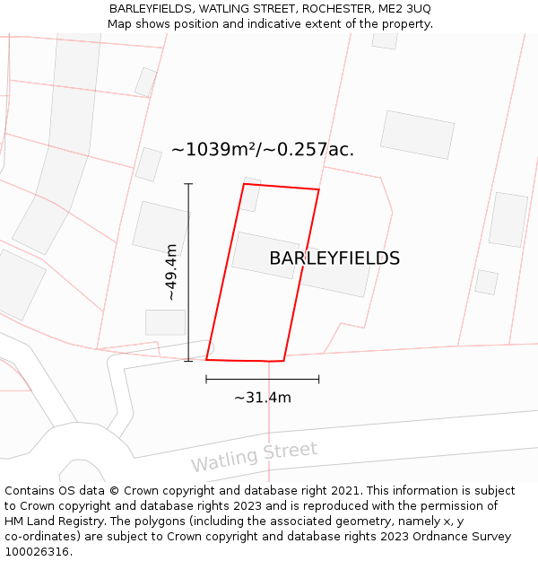 BARLEYFIELDS, WATLING STREET, ROCHESTER, ME2 3UQ: Plot and title map