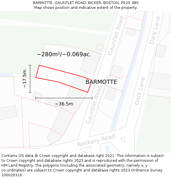 BARMOTTE, GAUNTLET ROAD, BICKER, BOSTON, PE20 3BX: Plot and title map