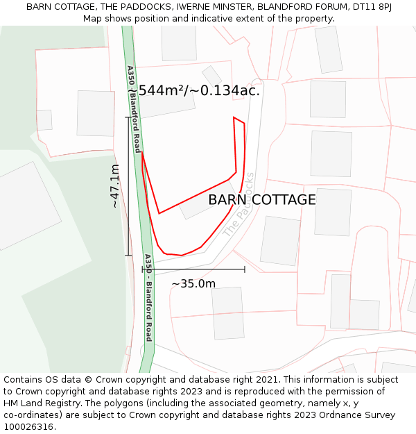 BARN COTTAGE, THE PADDOCKS, IWERNE MINSTER, BLANDFORD FORUM, DT11 8PJ: Plot and title map