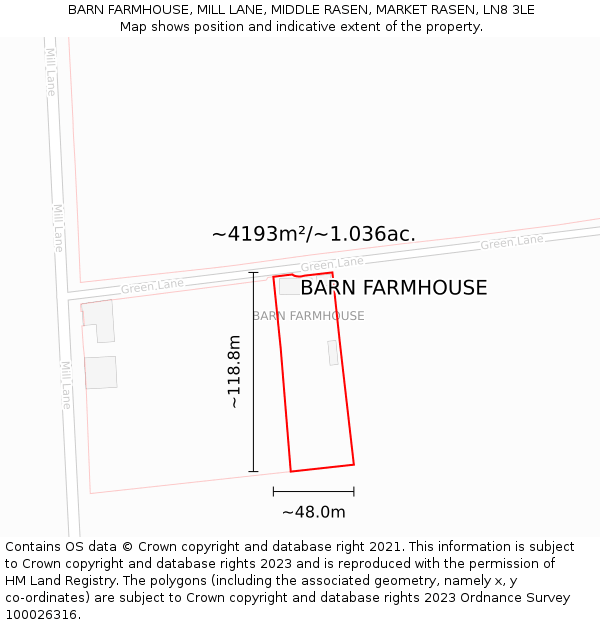 BARN FARMHOUSE, MILL LANE, MIDDLE RASEN, MARKET RASEN, LN8 3LE: Plot and title map
